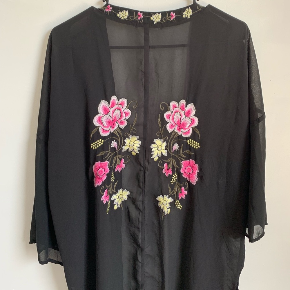Black Sheer Cardigan With Rose Embroidery